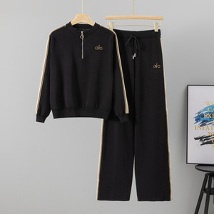 Completo sportivo casual da <span class=keywords><strong>donna</strong></span> 2025, nuovo modello transfrontaliero, con top a mezza zip a tinta unita e <span class=keywords><strong>pantaloni</strong></span> a gamba larga, set due pezzi in maglia per autunno inverno - Product Image 3