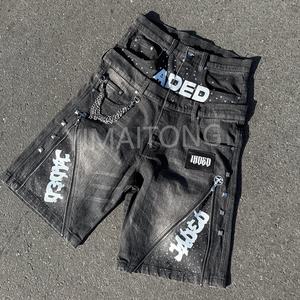 กางเกงยีนส์ขาสั้นทรงแบ็กกี้ของผู้ชายกางเกงขาสั้นวินเทจเอวสองชั้นประดับพลอยเทียมสำหรับฤดูร้อนตามสั่ง - Product Image 2