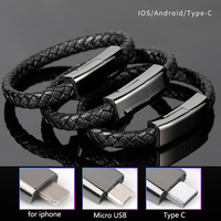 Kabel Data Pengisi Daya Portabel 22.5cm dari Kulit PU dengan Anyaman, USB ke Type C Micro USB-C, Kabel Gelang yang Dapat Dipakai