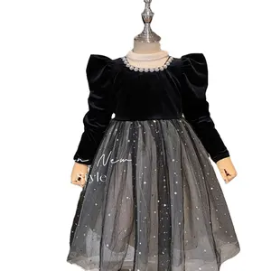 amazing velvet long sleeve black pearl dress with velvet foreign style Aisha luminous princess dress
