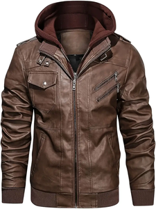 Dropshipping Chaqueta de moto de cuero PU Vintage para hombre-Impermeable, bombardero de PU a prueba de viento con capucha extraíble Marrón Multi-Bolsillo - Product Image 2