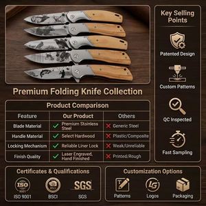 Cuchillo Plegable Profesional OEM Personalizado con Patrones 3D de Oso y Alce, Mango de Madera de Olivo, Hoja de Acero, para Caza, Bolsillo, Uso Diario (EDC) - Product Image 2