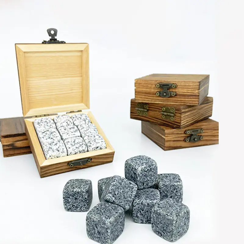 Factory Direct Supply Whiskey Ice Wine Stones Reusable Stone Craft Ice Cubes Natural Stone Small Wood Box 9-Piece Set