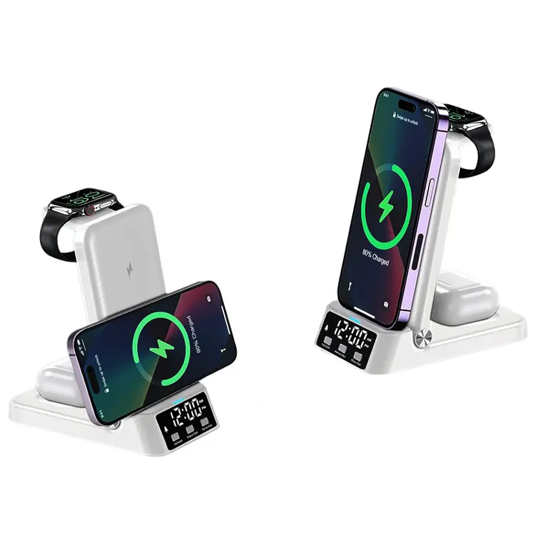 Bestseller Produkt 2023 Telefoon Opladen Dock 3 In 1 Station Desktop Voor Horloge Draadloze Oplader Wekker Voor Iphone Samsung