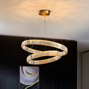 Venta al por mayor decoración de interiores acrílico remoto LED regulable anillo circular accesorios de iluminación lámpara de araña moderna para techo alto - Product Image 3