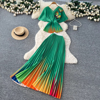 Ensemble de tenue à couleurs dégradées - Haut à manches courtes à imprimé papillon pour femme, jupe plissée taille haute, ensemble deux pièces