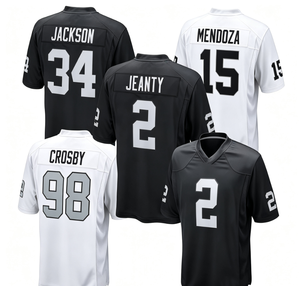 Maillot de football américain style Las Vegas 2026 imprimé par transfert thermique # 15 Fernando Mendoza # 2 Jeanty # Short Crosby 98 100% coton - Product Image 1