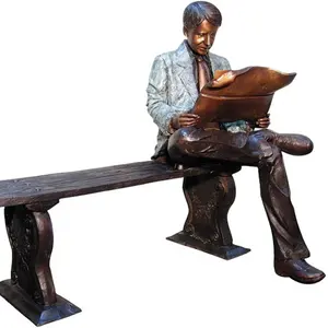 Statue de homme en bronze, sculpture d'extérieur, personnalisé, lecture un journal, sur un banc, en vente
