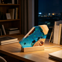 Lampe de bureau en résine fait main, monde sous-marin, tortue, méduse, base en hêtre massif, commande par bouton, changement de couleur, lampe décorative en bois époxy