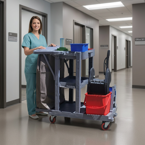 Heavy Duty Janitorial Cart With 4 <b>Wheels</b> <b>Plastic</b> Frame 2 Shelves Built-In Shelf Indoor Use - Product Image 3