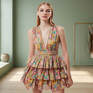 Robe de soirée élégante pour femme, sans bretelles, naturelle, écologique, décontractée, à manches courtes, imprimée, longueur genou, taille haute, vente en gros - Product Image 3