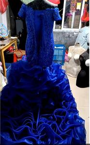 2024 Stunning Off Shoulder Short Sleeve African Blue Mermaid <strong>Wedding</strong> <strong>Dress</strong> Cascading Ruffles Beaded Lace Plus <strong>Size</strong> Bridal Gown - Product Image 3