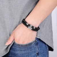 ZF Lot de 2 bracelets classiques extensibles en pierre naturelle noire pour homme, style punk, avec breloques zircon CZ, boule, crâne et lion, ensemble de bijoux