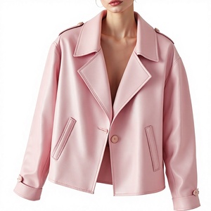 Pink <b>Women's</b> Faux <b>Leather</b> Motorcycle <b>Jacket</b> Turn Down Collar Button Closure Short Crop <b>Women's</b> High Quality Genuine <b>Leather</b> <b>Moto</b> - Product Image 4