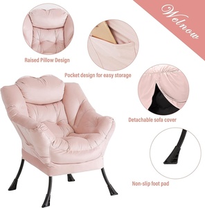 Canapé rembourré Fauteuil lounge moderne avec accoudoirs et poche latérale Fauteuil paresseux en tissu rose pour la maison avec pouf - Product Image 3