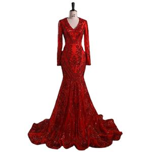 Lieferanten Schwarze Mädchen Sexy Schlanke Hüfte Burgunderrotes Formelles Abendkleid Olivgrünes Langarm-Kleid mit Rotem Schleppkleid - Product Image 1