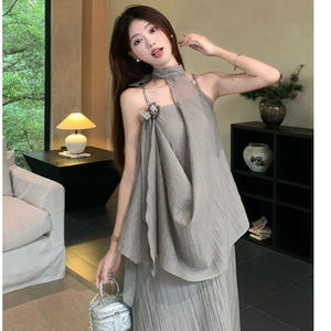 Vestido Largo de Gasa con Cuello Halter y Tirantes Finos, Estampado Geométrico Gris, Asimétrico, para Mujer, Estilo Casual - Product Image 4