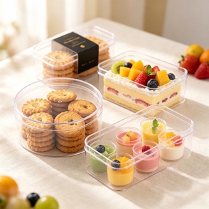 Caisse de rangement alimentaire attrayante en plastique PS transparent avec couvercle assorti pour biscuits, bonbons, noix, snacks secs, pâtisseries, desserts - Product Image 1
