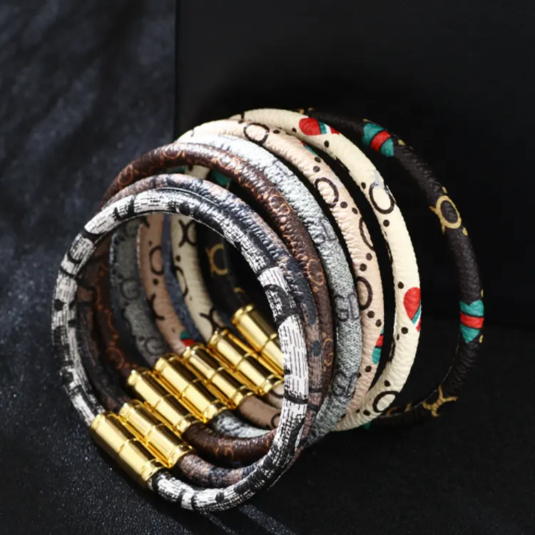 Pulseira de couro pu com fecho magnético, pulseira colorida artesanal para mulheres
