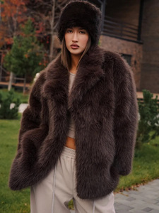 Manteau d'hiver chaud et épais pour <span class=keywords><strong>femme</strong></span> en fausse fourrure de renard marron foncé, mi-long, à grand col, ouvert sur le devant, veste moelleuse et oversize pour le quotidien - Product Image 4