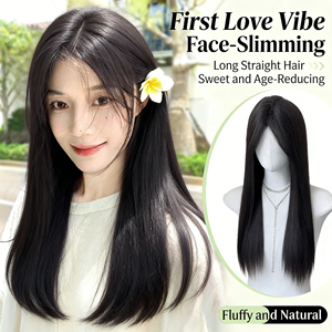Perruque pour femmes à cheveux longs, avec <span class=keywords><strong>frange</strong></span> en forme de huit, noire, lisse, semi-nouée à la main, avec racine des cheveux naturelle, densité 150%, couvrante et naturelle - Product Image 4