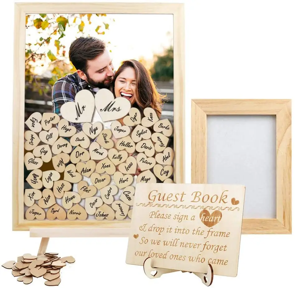 Wedding Guest Book Drop Top Frame with Wooden Hearts Rustic Sign in Guest Book for Wedding Baby Shower Reception