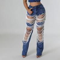 YUANBOFEI Jeans sur mesure de haute qualité pour femmes, coupe droite, avec décorations vintage perles et strass, pantalon en denim pour concert