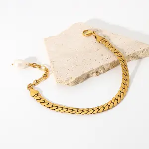 Pulsera con abalorio de perla Simple para mujer, joyería de oro de 18K, banda de acero inoxidable, brazalete plano Punk con cadena cubana gruesa