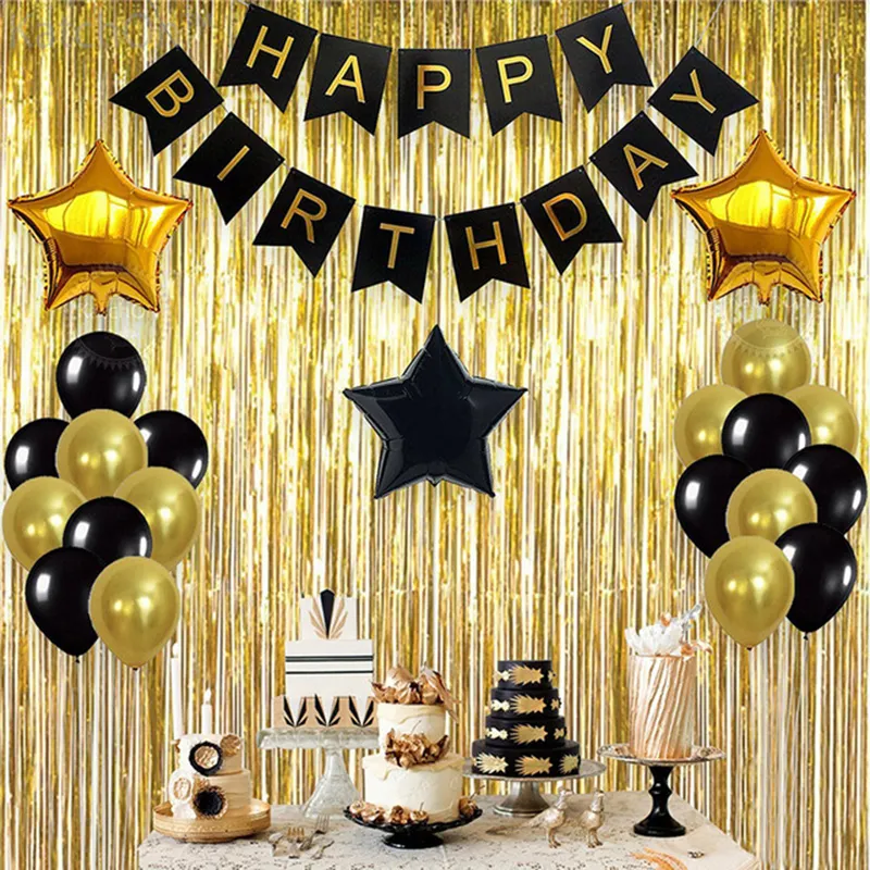 Palmy New Black Gold Birthday Rain Foil Fringe Curtains and Banner Set Birthday Party Decorations Set