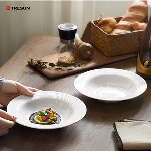 Factory Customized Elegant Embossed Round Shape Large Rim Porcelain Dinner <b>Plates</b> for Western Restaurant <b>Ceramic</b> Soup <b>Plate</b> - Product Image 4