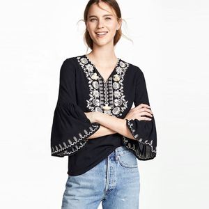 Damen <span class=keywords><strong>Plus</strong></span> <span class=keywords><strong>Size</strong></span> Casual <span class=keywords><strong>Black</strong></span> Bluse Tops V-Ausschnitt 3/4 Ärmel Vintage bestickt Solid Pattern für die Herbstsaison - Product Image 2