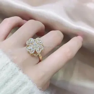 European and American Revolving Four leaf Grass Ring Women's ins Style Love Diamond Gold Light Luxury Opening Ring