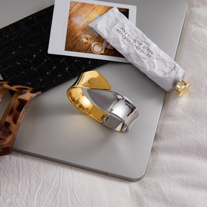 Geometric Stainless Steel <b>Bangle</b> Gold <b>Silver</b> Two Tone Spring Closure Unisex Jewelry Fashion <b>Bracelet</b> - Product Image 4