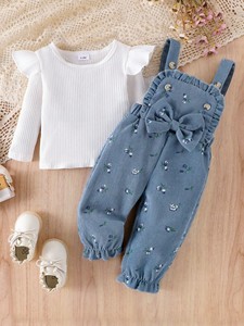 Completo Abbigliamento Bambina Primavera Autunno 2026: Top a Maniche Lunghe con Stampa Floreale a Cuori e Leopardo e Salopette in Velluto a Coste - 2 Pezzi - Abbigliamento Neonato All'ingrosso - Product Image 5