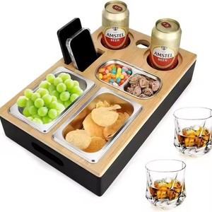 Wooden Sofa <b>Snack</b> <b>Tray</b> With Storage Compartments For Beer Cans Chips Fruits And Phone Hotel Use - Product Image 1