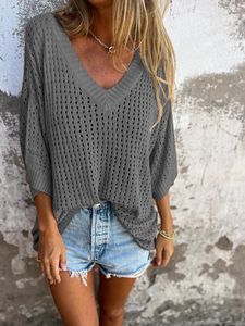 Novedad 2026: Camiseta y suéter de punto calado para mujer, estilo transfronterizo, elegante y cómodo, con cuello en V, fino, holgado, transpirable y semitransparente. - Product Image 5