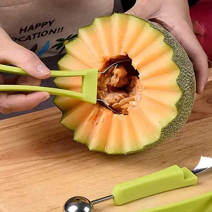 Coltello da intaglio per frutta in acciaio inossidabile cucchiaio da frutta multifunzione a tre pezzi cucchiaio da palla per melone 3 in 1