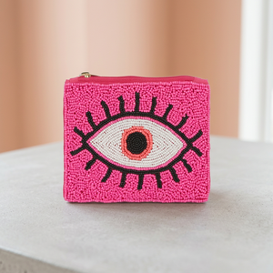 Jaunty Pink Beaded Nonwoven Felt Square Pouch Embroidered Eye Design Zipper Clutch Fashion Accessory Daily Use Wedding Favors - Product Image 3