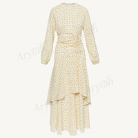 Abaya personnalisée 2026 à imprimé floral et fronces pour femmes musulmanes, robe longue modeste islamique à manches longues et à volants, en mousseline respirante