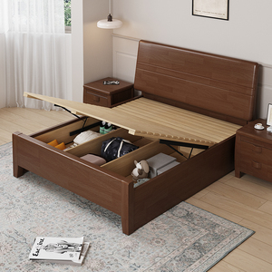 Nordic Style Solid Rubber Wood <b>Storage</b> <b>Bed</b> Frame Hydraulic Lift Drawers Eco-friendly <b>Double</b> Bedroom Furniture QN-SWB007 Modern D - Product Image 1