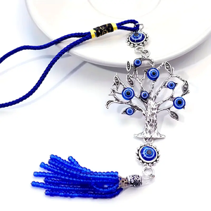 土耳其邪恶的眼睛宁静挂饰树 -- 精致的金属汽车钥匙扣，配有蓝色珠子、流苏和保护魅力 - Product Image 1