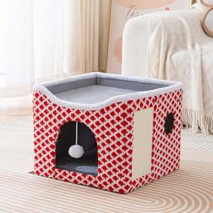 Large <b>Cat</b> House for Indoor <b>Cats</b> Foldable Hideaway with Hanging Fluffy Ball & <b>Scratch</b> <b>Pad</b> with Washable Removeable Cover - Product Image 5