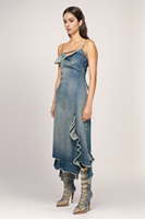 Mode Vintage dégradé licou plié col carré dos nu bretelles Patchwork ourlet irrégulier à volants Denim robes pour femmes