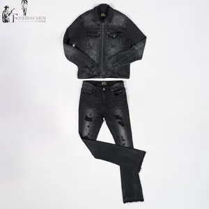 मूल कारखाने कस्टम परेशान कट डिजाइन पुरुषों के डेनिम सूट दो-टुकड़ा फैशन डेनिम सेट