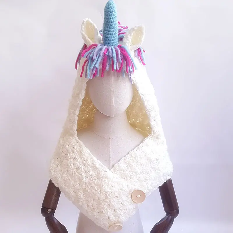 Kızlar sıcak el yapımı çocuk örme bere tığ karikatür kapşonlu eşarp Unicorn kış şapka atkısı