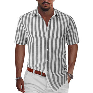 Camicia a righe moda vacanza abbottonata camicie di <span class=keywords><strong>lino</strong></span> 2023 estate <span class=keywords><strong>uomo</strong></span> <span class=keywords><strong>uomo</strong></span> vestiti all'ingrosso manica corta imballaggio personalizzato in rilievo - Product Image 4