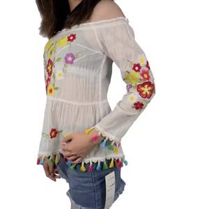 Nouvelle Blouse Bohème Vintage pour Femme en Coton et Lin avec Broderie Florale, Hauts Ethniques Brodés, Design à Pompons Blancs - Product Image 3