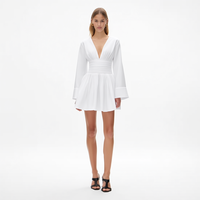 Robe courte blanche pour femme, col en V, manches longues, taille froncée, plissée, coupe trapèze, pour soirée, personnalisable OEM ODM