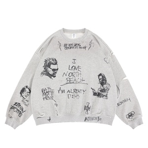 Crewneck New Mỹ phai màu cũ Terry phá hủy Retro <span class=keywords><strong>Wei</strong></span> Yi lỏng dệt kim in phong cách giản dị - Product Image 1
