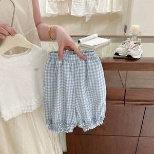 Girls Ruffled Short Sleeve T-Shirt Top Cotton Breathable Summer Korean Style Two Piece Set With Pants <b>Checkered</b> Solid Color - Product Image 4